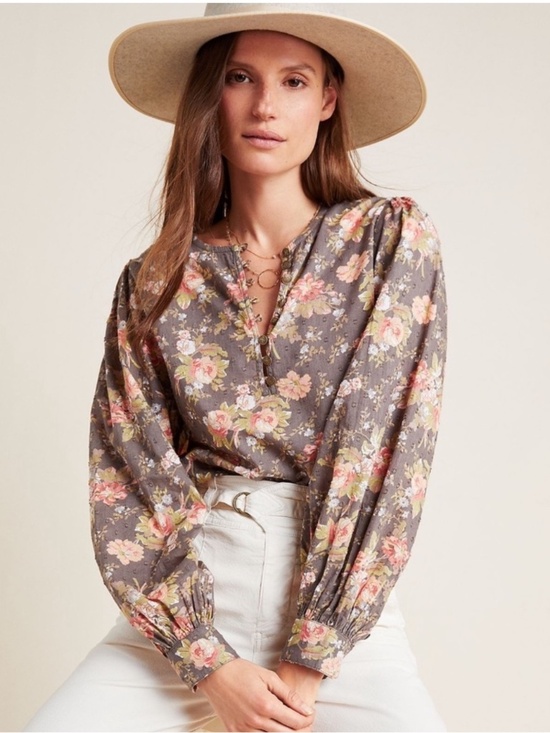 Anthropologie Tops - Anthropologie Gray & Pink Floral Print Michaela Cotton Peasant Blouse Size Small